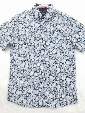 Silver Stone Shirt Mens L Black White Paisley Short Sleeve Modern Fit Button-Up